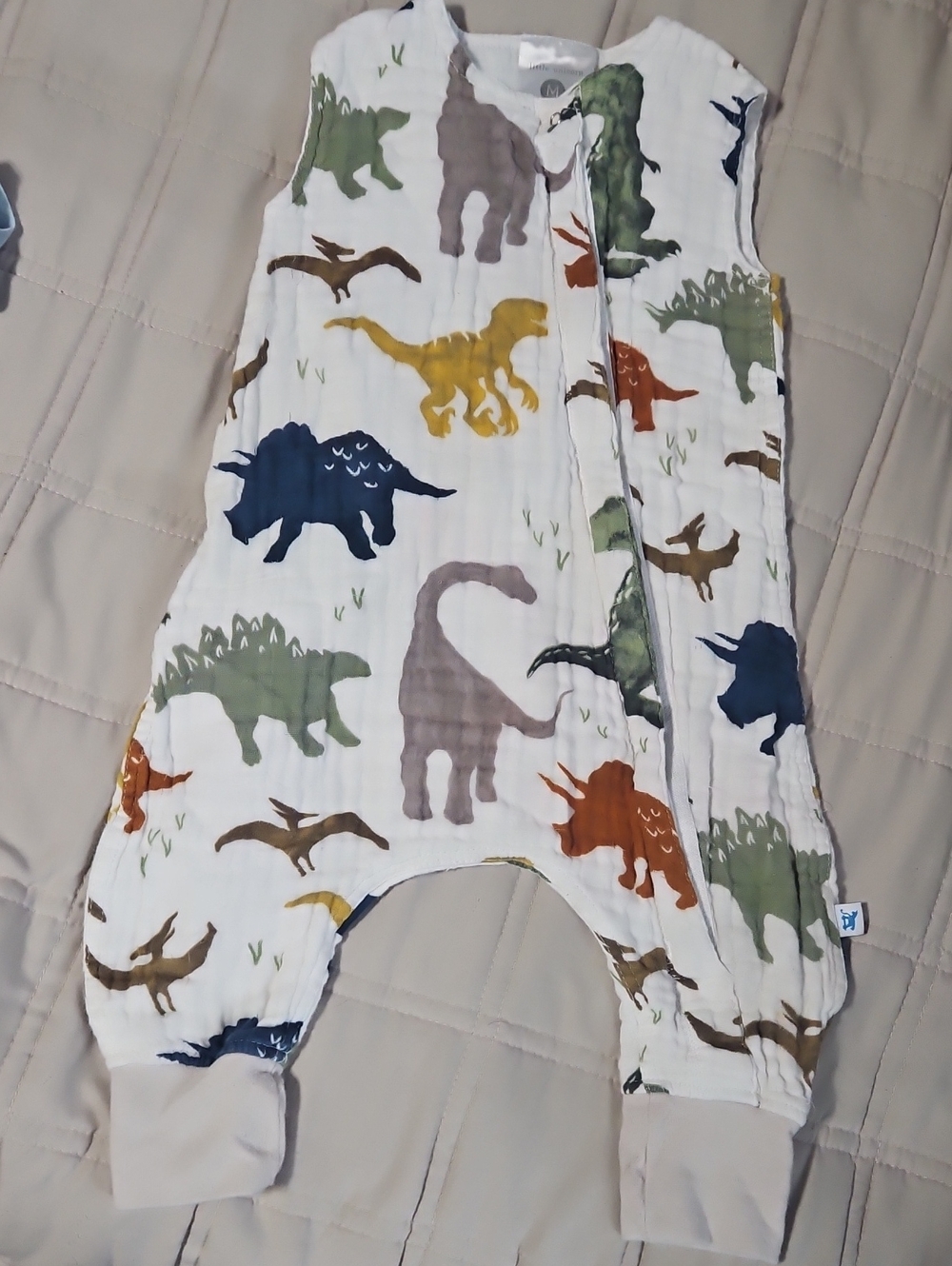 White Muslin Dinosaur Footie Romper with Multicolor Dino Prints